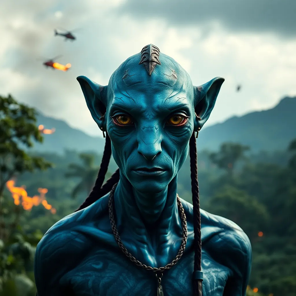 Avatar war in the Pandora. Fire in the forest, helicopters in sky.