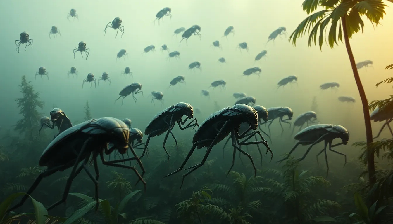 A swarm of insectoid aliens with metallic exoskeletons, descending upon a jungle like a living storm, cinematic terror