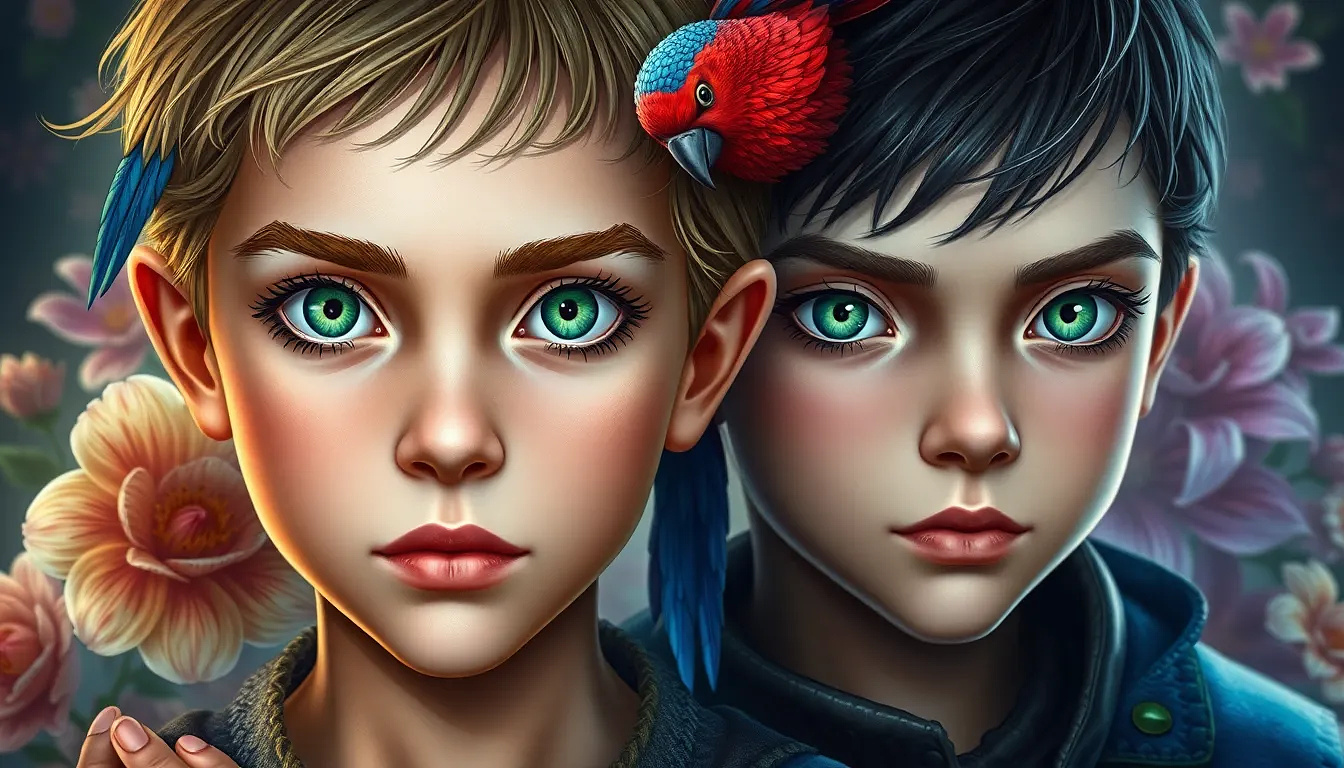 2 very beautiful 8 years old? BOY AND  girl,  with green eyes,  a colorful bird on THEIR heads, background: flowers