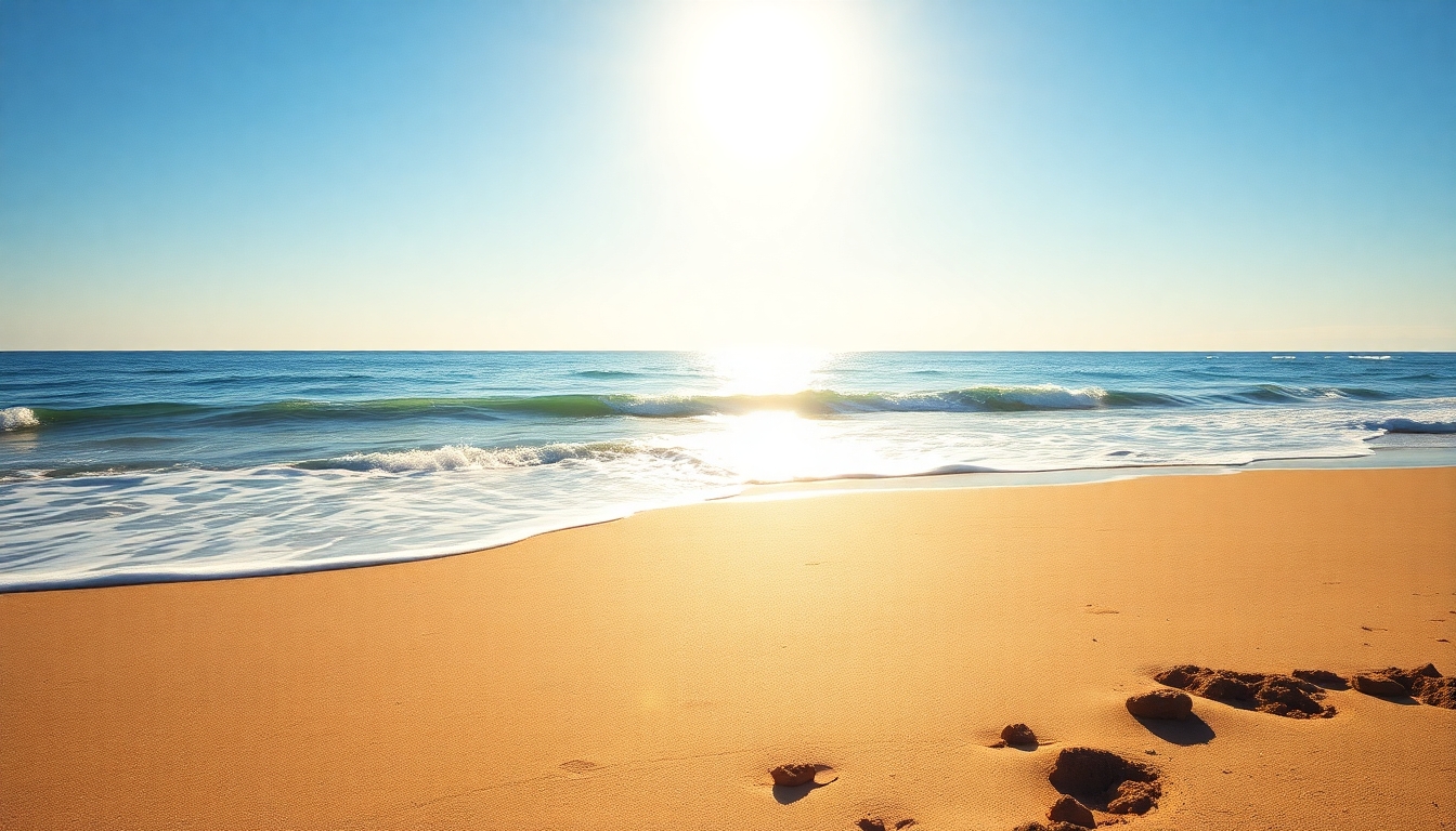 Realistic image of Sun on a beachside, outshining sun, use bright colors and joyful sunny day