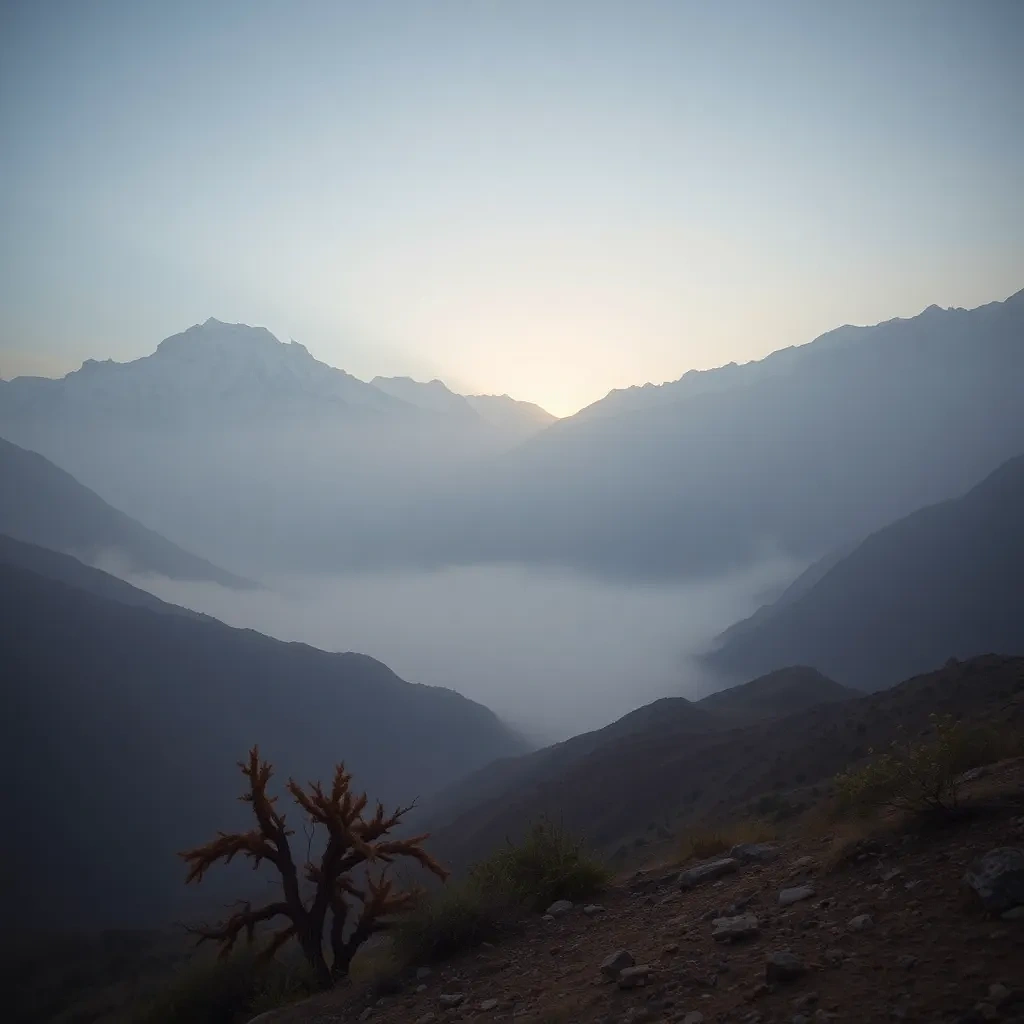 “First light hitting snow-dusted peaks of the High Atlas, valley blanketed in mist, 35 mm lens, f/8, ultra-crisp, photographic”