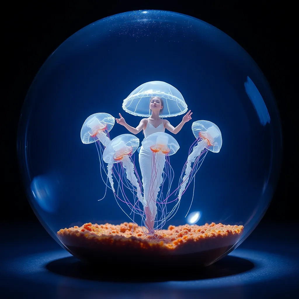 “Holographic jellyfish ballet inside a glass sphere” – photoreal 3D, caustic light play