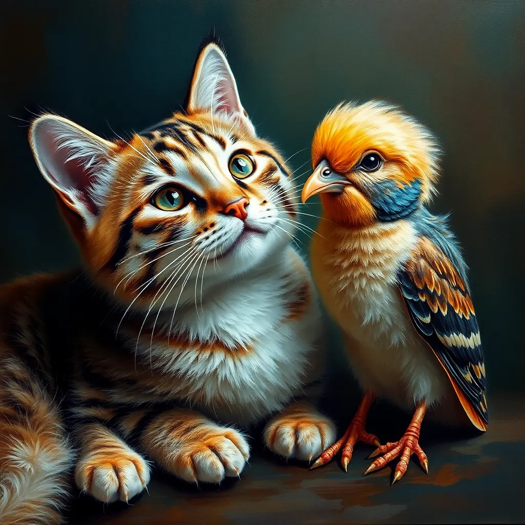 Cat and pigon friendship, oil painting