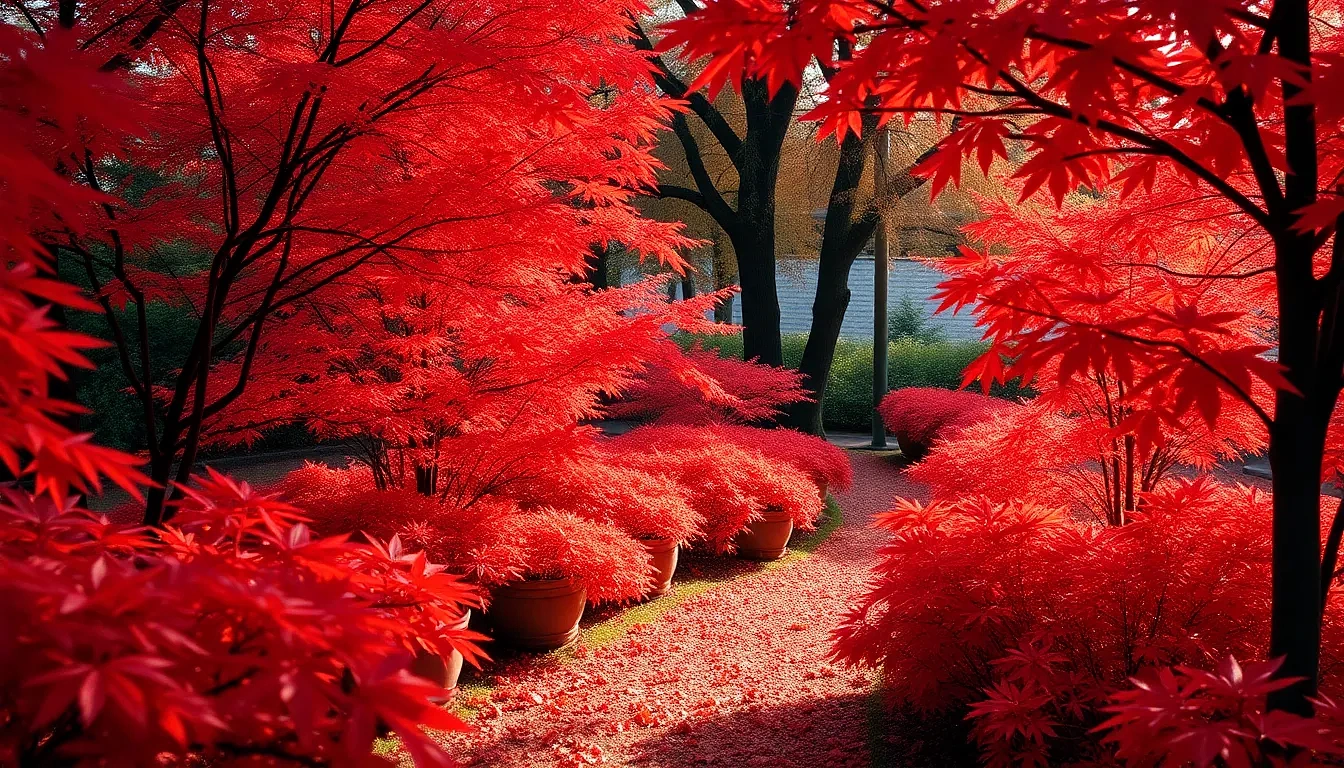 “Serene Japanese maple garden in peak autumn, fiery red leaves carpet ground, soft diffused light, 85 mm lens bokeh, photographic”