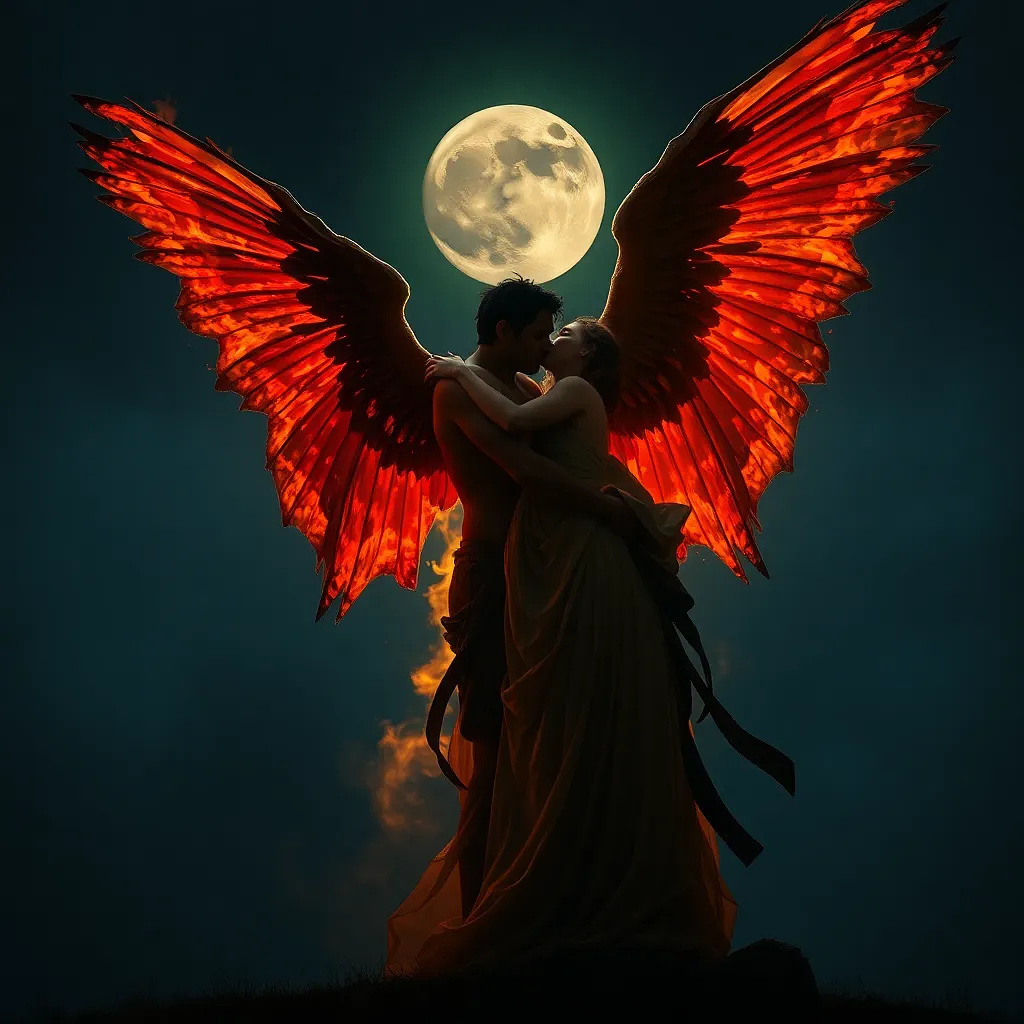 Devil and angel embracing, wings entangled, one bathed in firelight, the other in moonlight—forbidden love.