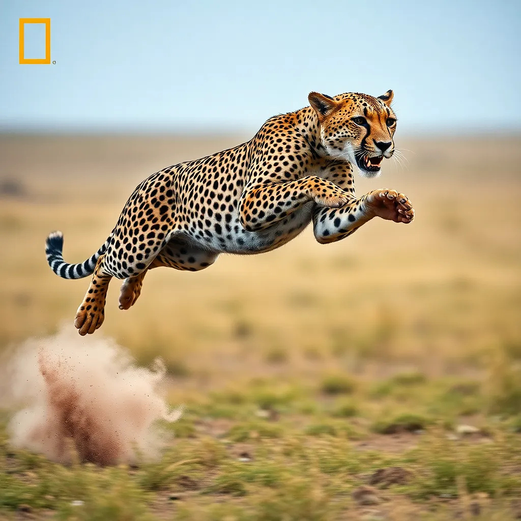 A cheetah mid-leap chasing prey across the savannah, frozen in time, dust particles in the air, high-speed camera effect, crisp focus, blurred background