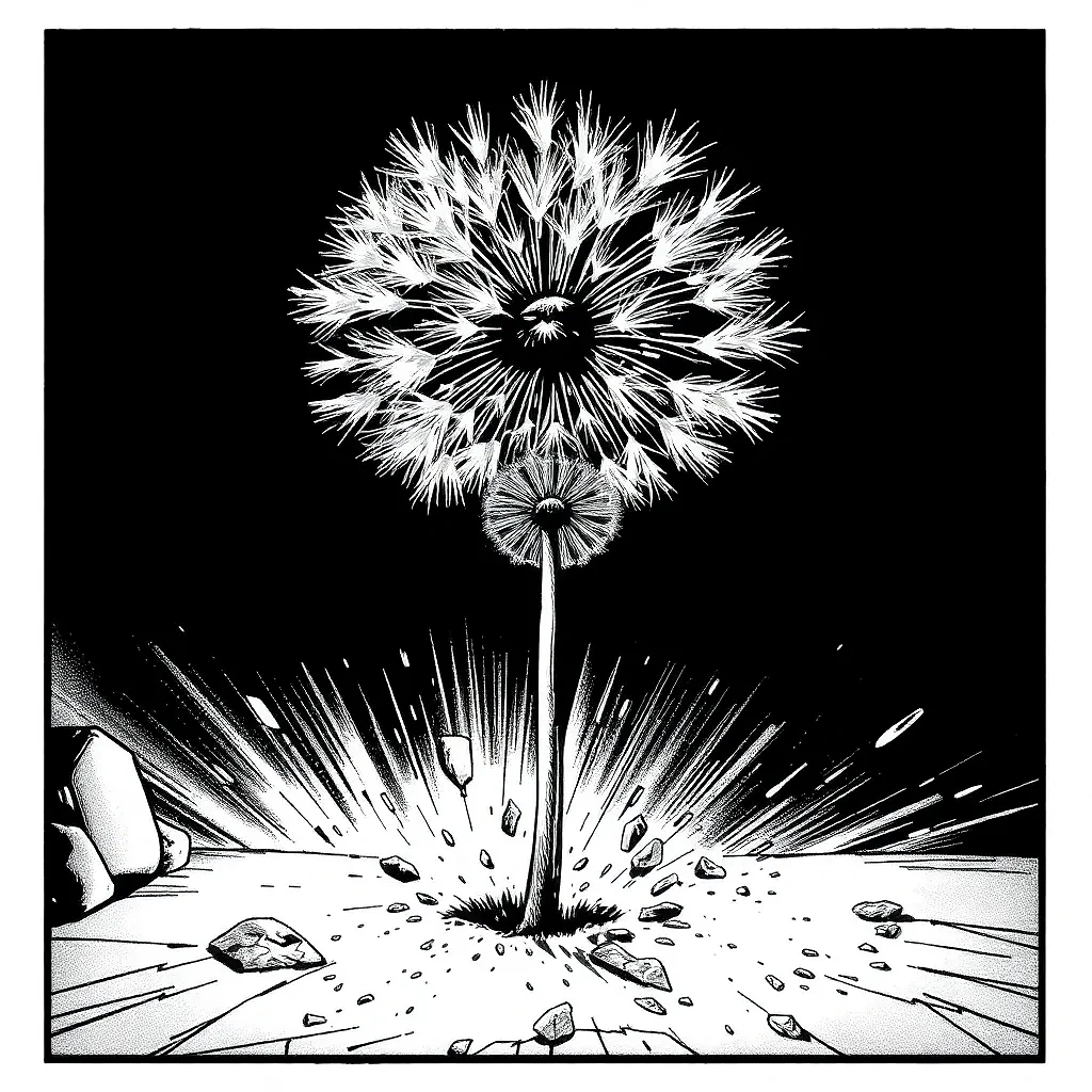 “Heroic dandelion breaking through concrete, bold ink outlines, halftone gradients, explosive action lines, comic book”