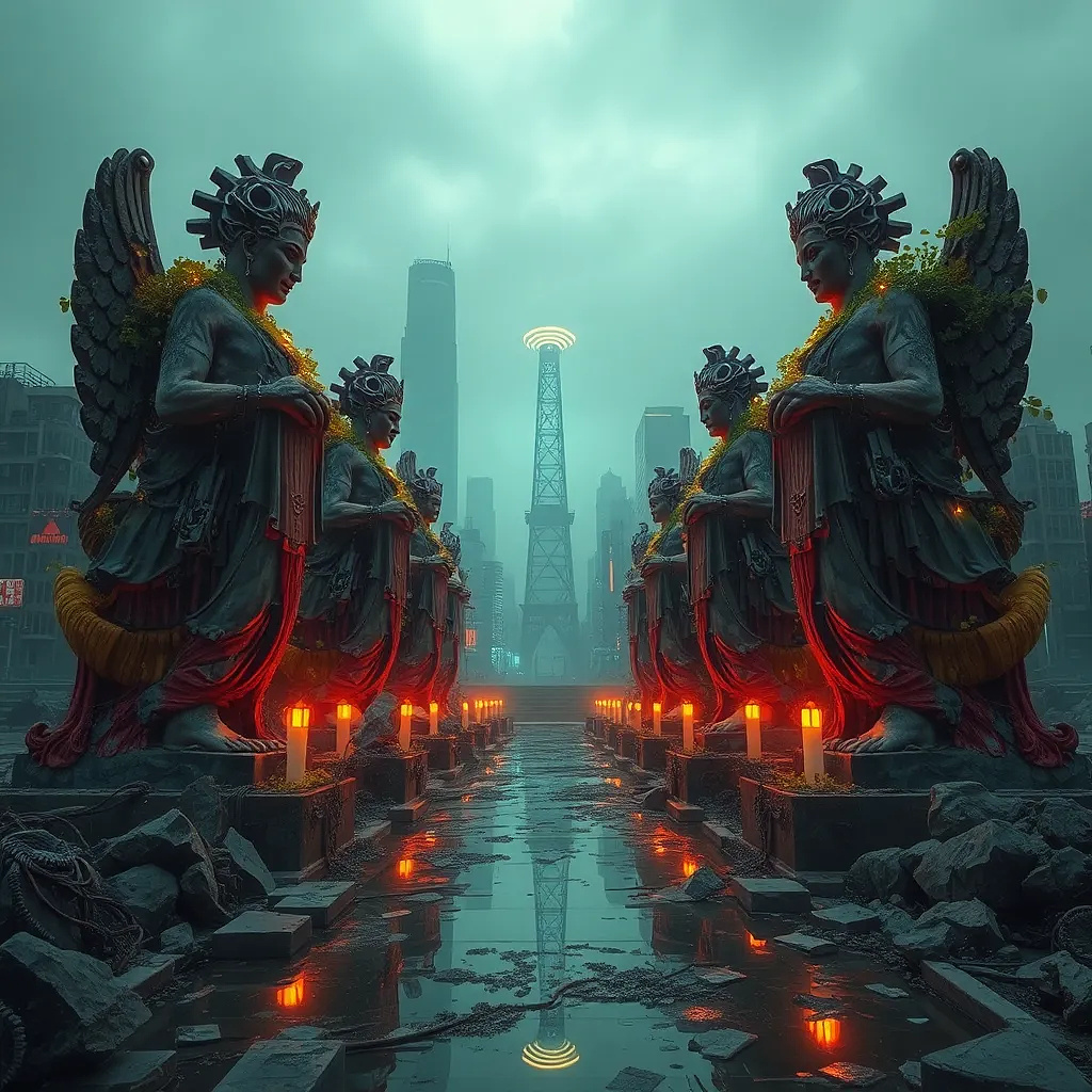 A post-apocalyptic oasis: crumbling statues of gods overgrown with glowing vines, offering WiFi signals to nomadic digital nomads.