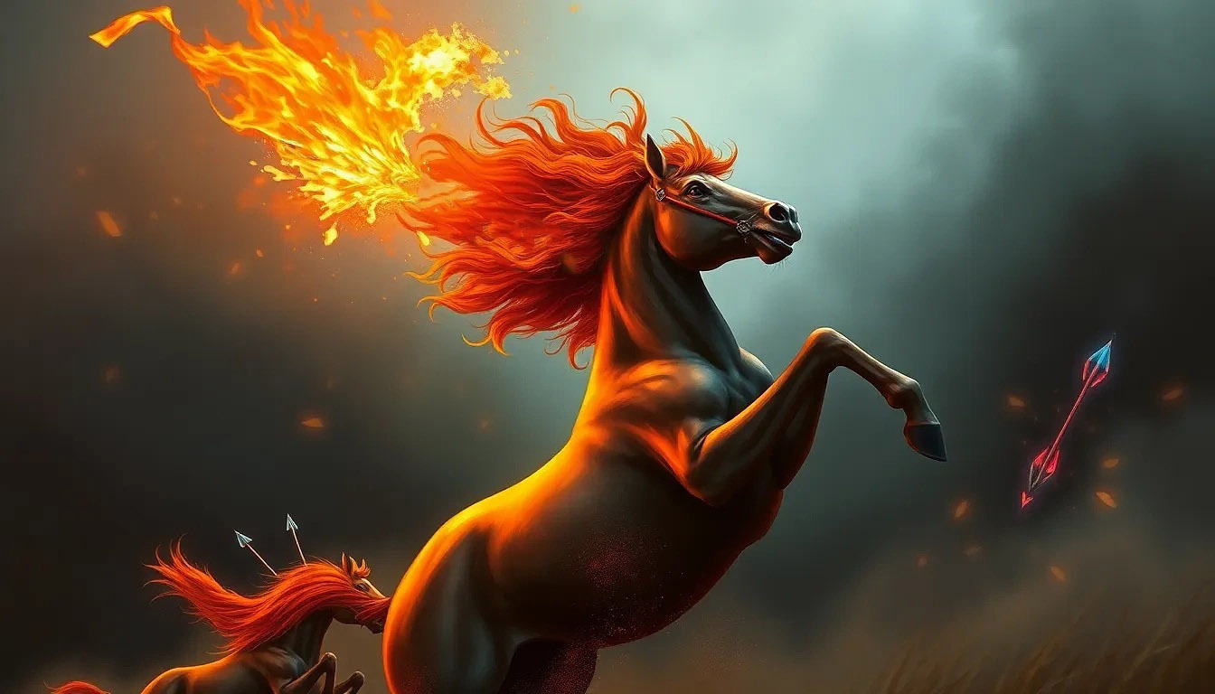 “Merida loosing a flaming arrow that splinters a target mid-gallop, stallion rearing, her hair a wild crimson blaze, fierce independence”