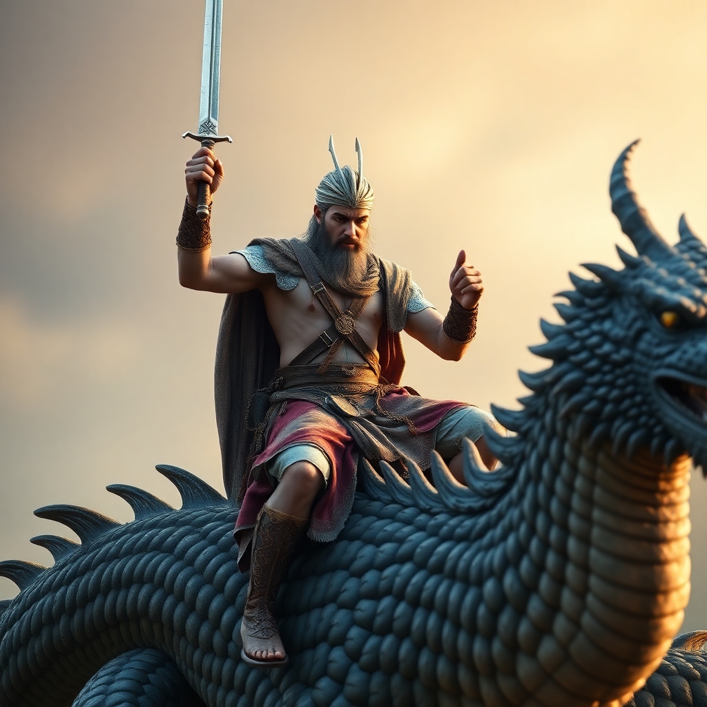 Ancient prince holding a sword and riding dragon, ultra realistic, medium shot