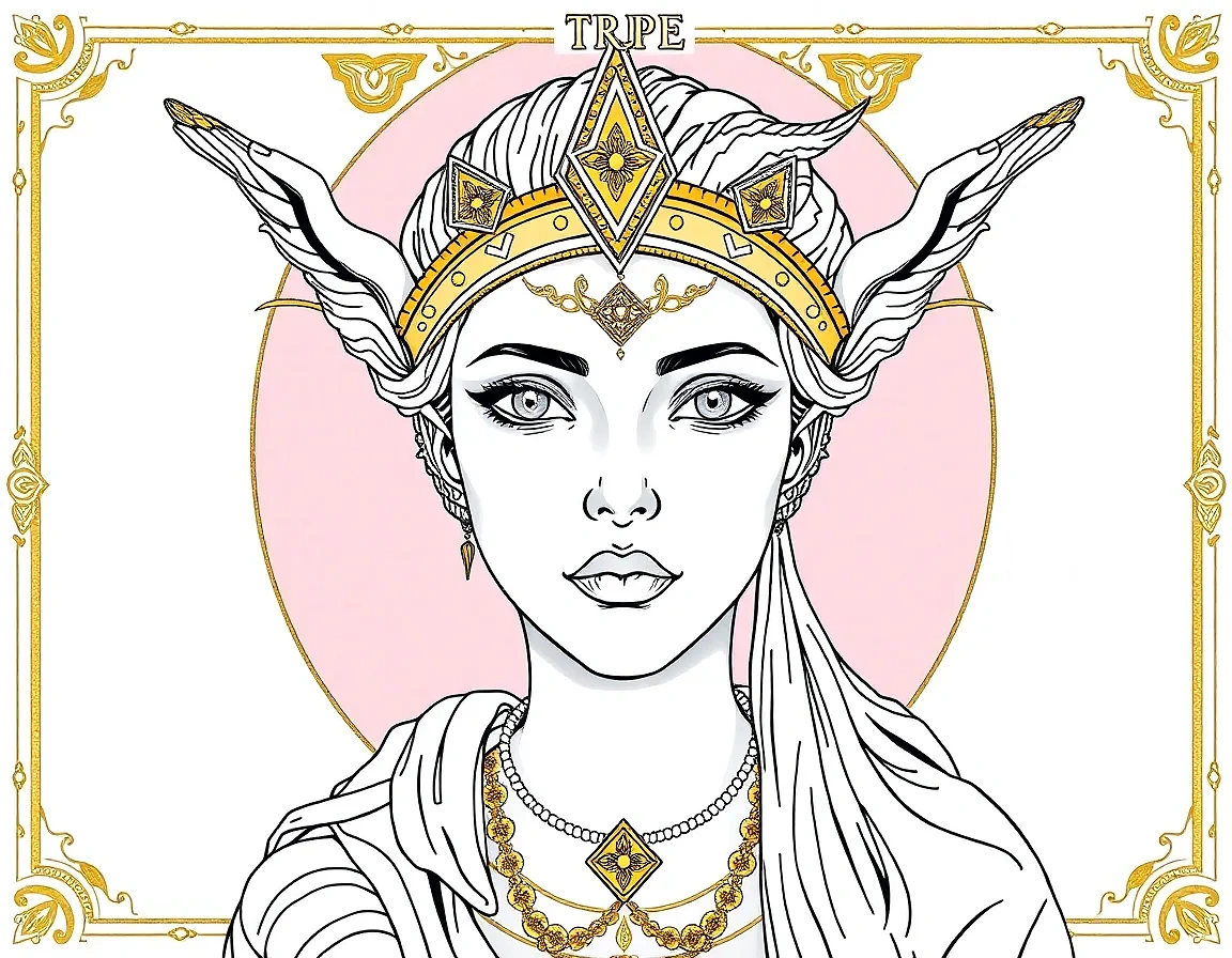 “Art-nouveau tarot card of The Voyager” – gilded line art, pastel gradient fills, ornamental borders