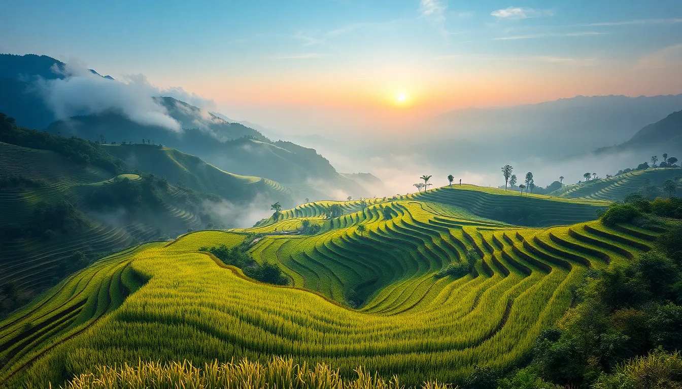 Glistening rice terraces of Vietnam at dawn, mist rising from valley, leading S-curve pattern, wide dynamic range, oil painting