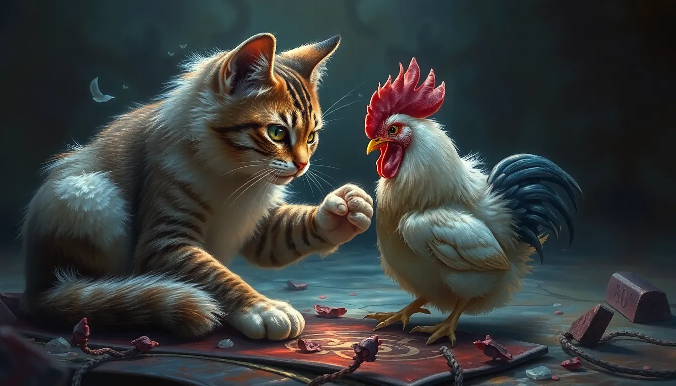 beautiful cat playing with a chiken