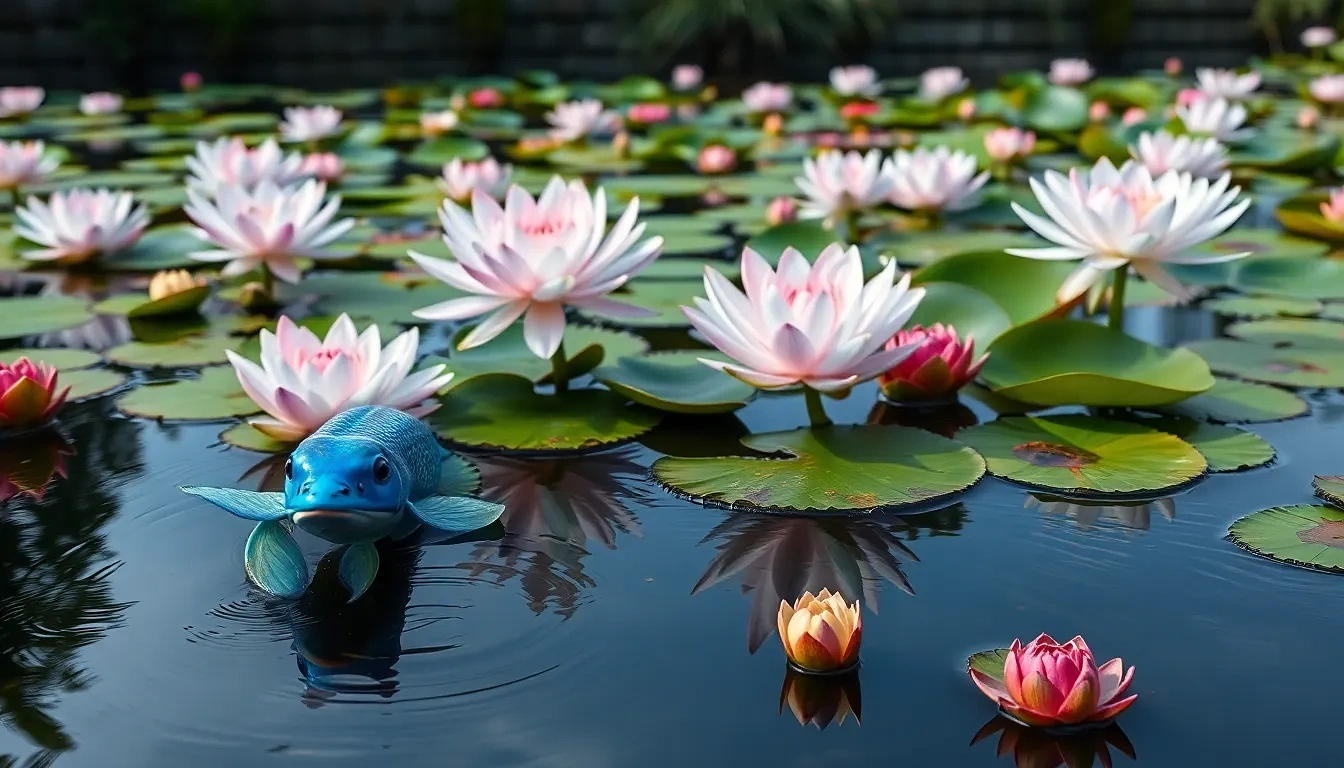 “Zen koi pond dotted with blooming sacred blue lotus (Nymphaea caerulea), pink Nelumbo komarovii, and jewel-toned mosaic plant (Ludwigia sedioides) rosettes, tranquil ripples, photographic”