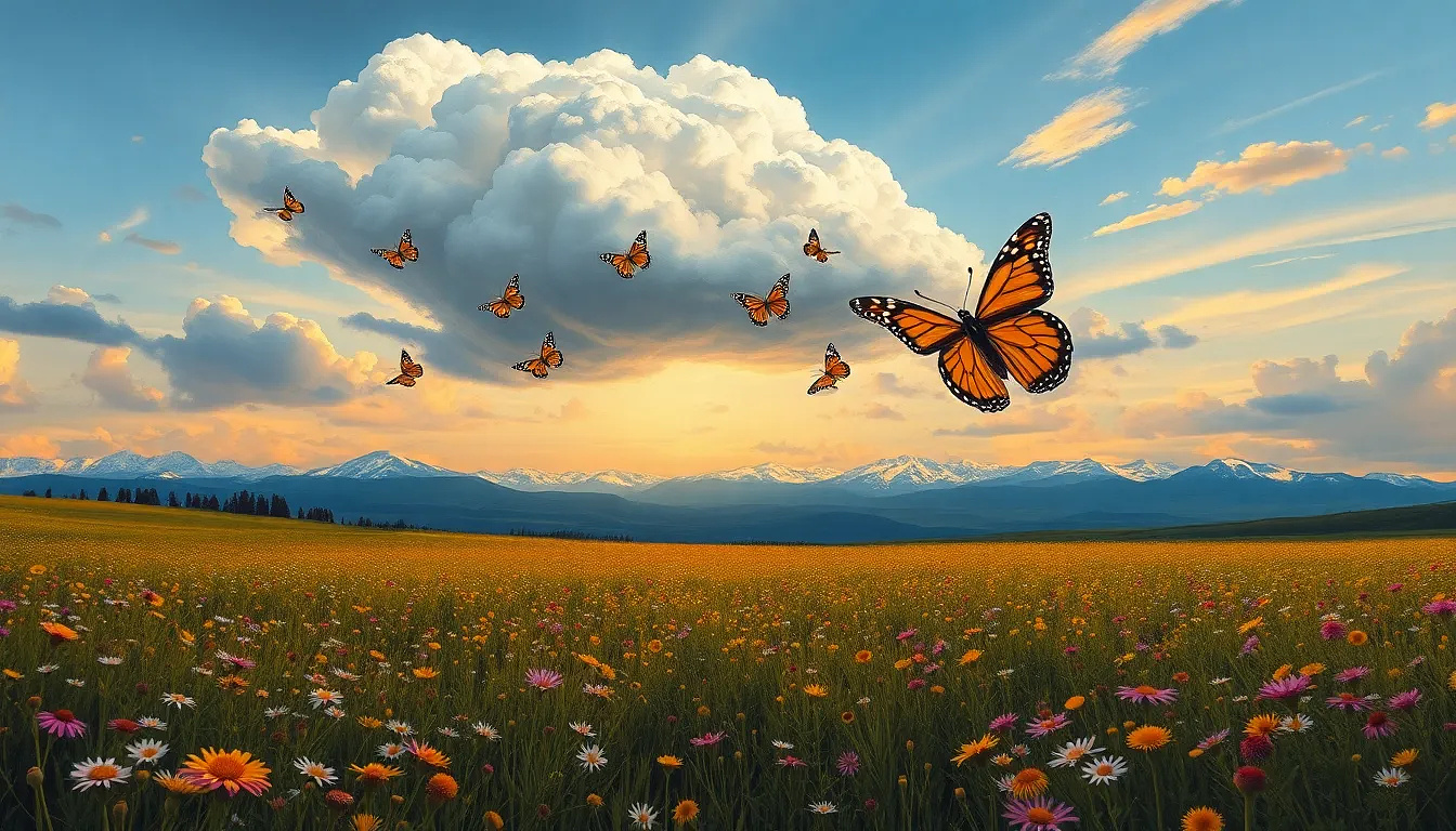 Butterfly migration cloud swirling above endless meadow of wildflowers, distant snowy peaks framing scene, oil painting, panoramic view
