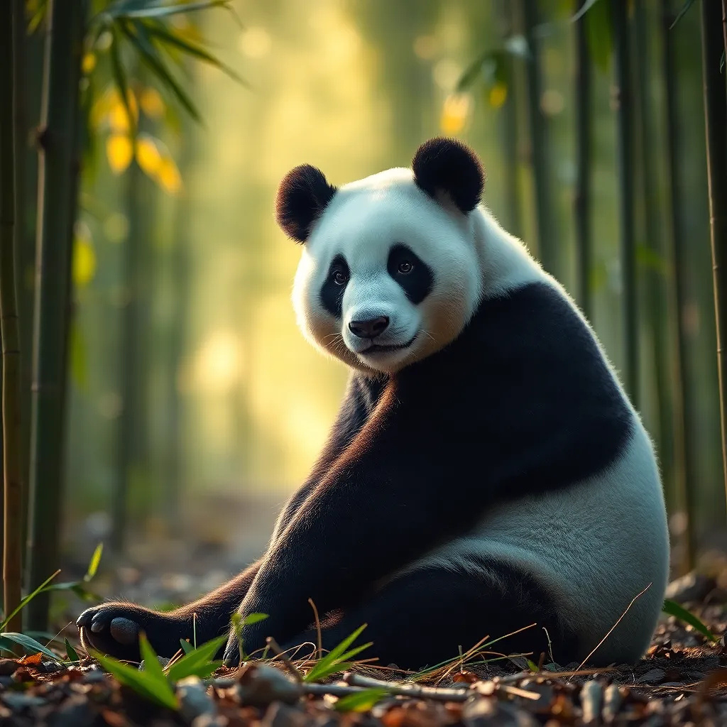 A panda sitting peacefully in a bamboo forest, soft sunlight filtering through the leaves.