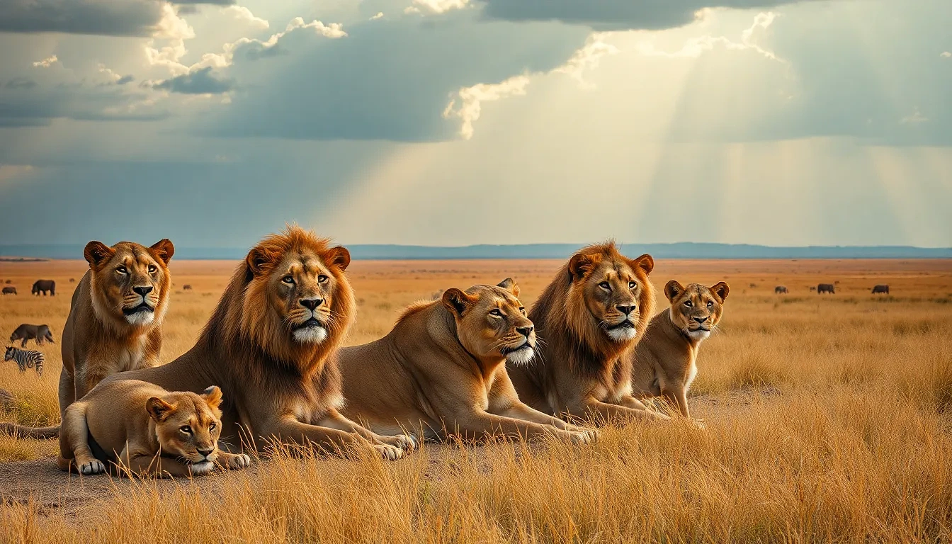 “Pride of lions resting on golden Serengeti plain beneath thunderheads, rain shafts in far distance creating dramatic contrast, cinematic color grade, photographic, panoramic view”