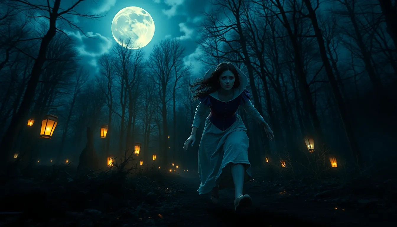 “Snow White charging through a moonlit forest with the seven dwarfs, glowing lanterns scattering frantic woodland shadows, protective courage” rays beneath, sky blazing with stars, steadfast determination”