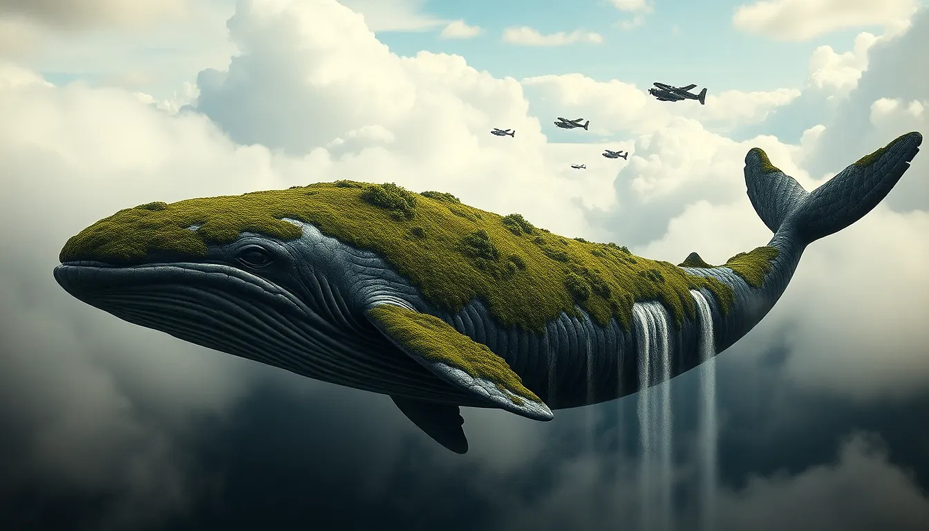 Colossal whale floating in the clouds, covered in moss and waterfalls, airships circling like tiny birds.