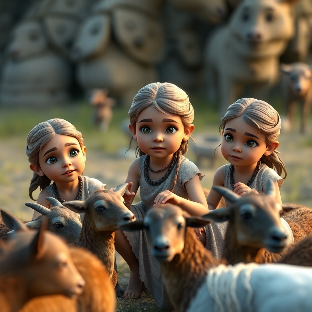 3 Little girls playing in the year 500 BC, realistic, domestic animals around the 3 girls