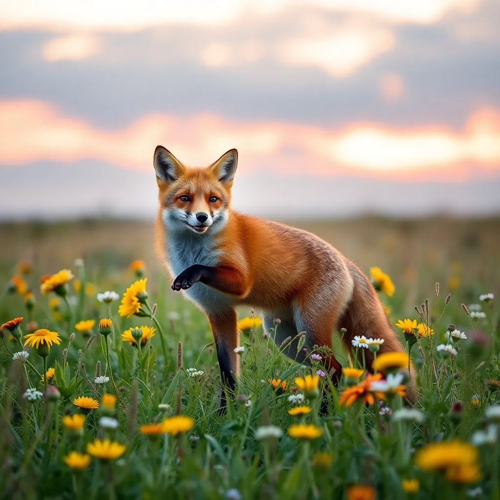 A red fox playing in a field of wildflowers, soft pastel sunset in the background.
