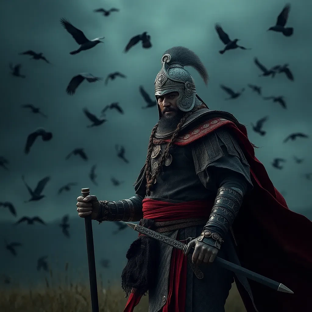 Ancient warrior fighting ghosts, crows in the dark sky