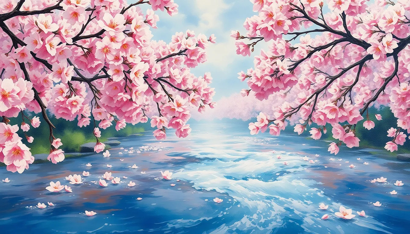 Watercolor painting of cherry blossoms scattered on a flowing river, soft pastel pinks and blues, impressionist style."