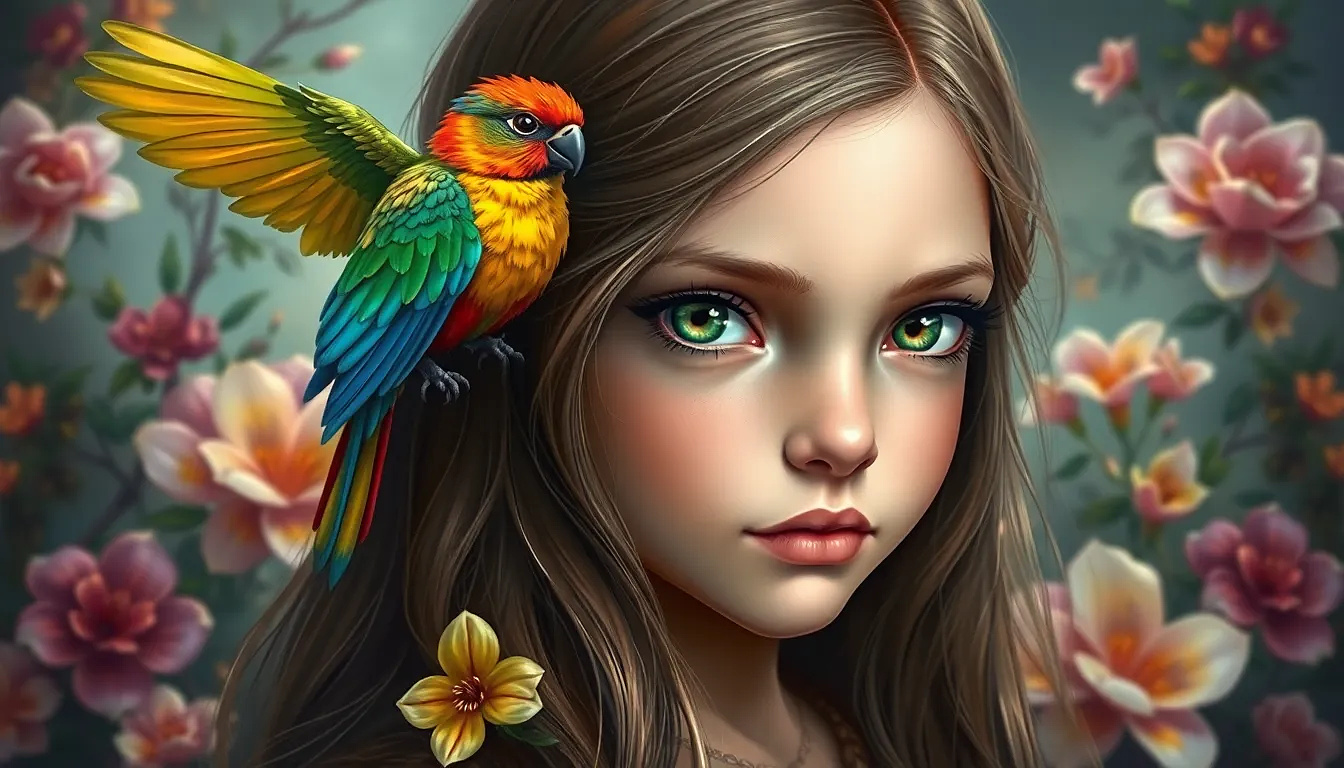 A very beautiful 8 years old girl, long hair with green eyes,  a colorful bird on her head, background: flowers