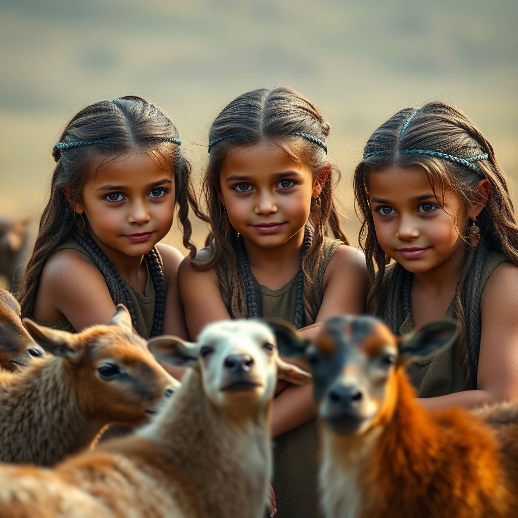 3 Little girls playing in the year 1000 BC, realistic, domestic animals around the 3 girls, ultra-detailed