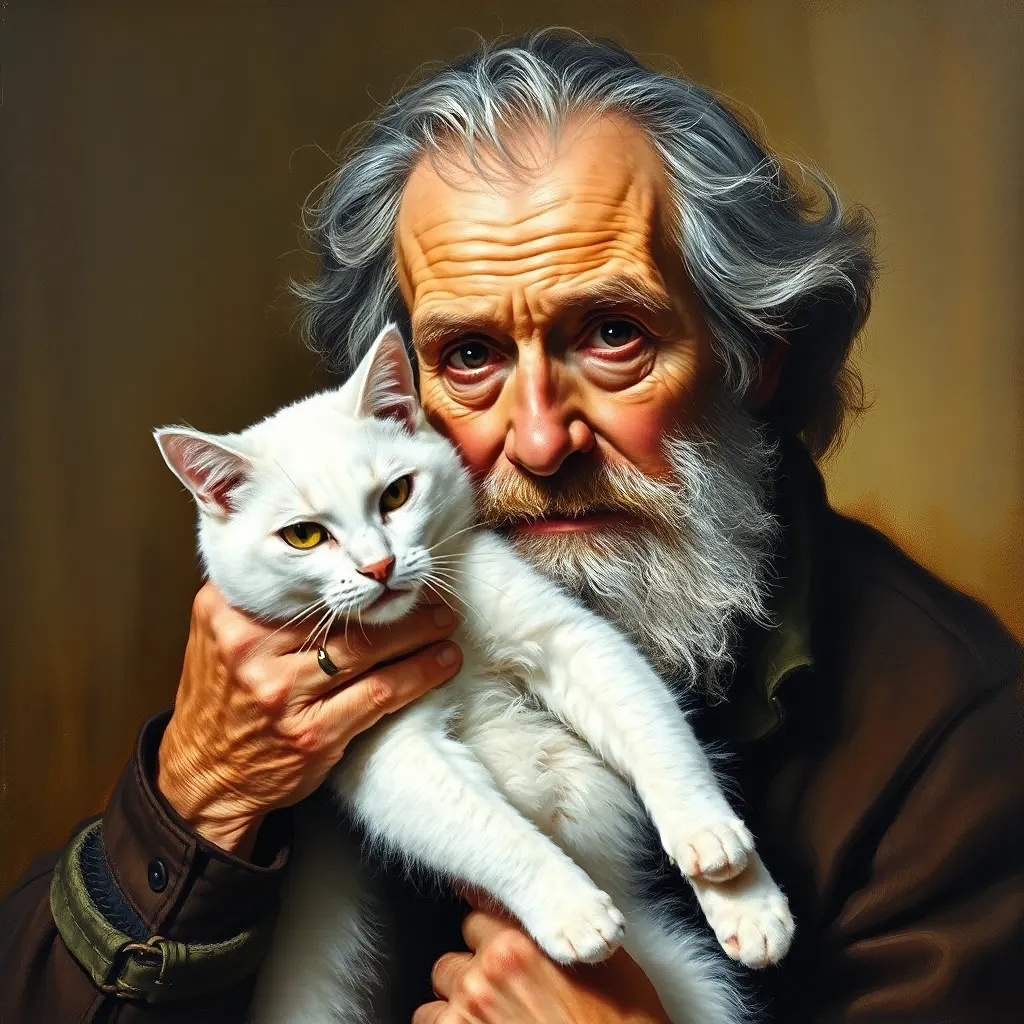 old man with his white cat, oil painting