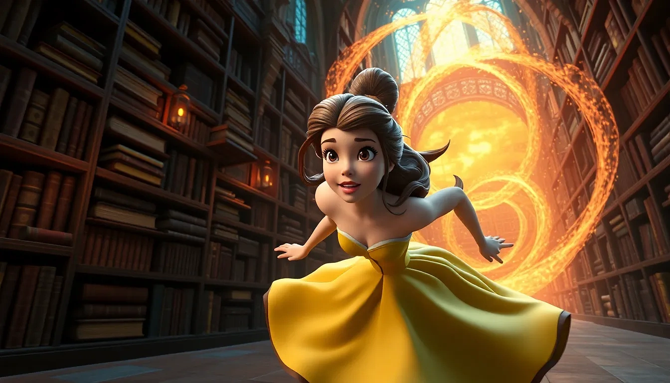 Belle sprinting through enchanted castle library as enchanted books swirl into a protective vortex, shocked awe on her face