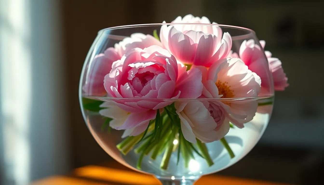 A bouquet of peonies submerged in a glass bowl, sunlight refracting through the water, creating dreamy light patterns, photorealistic.