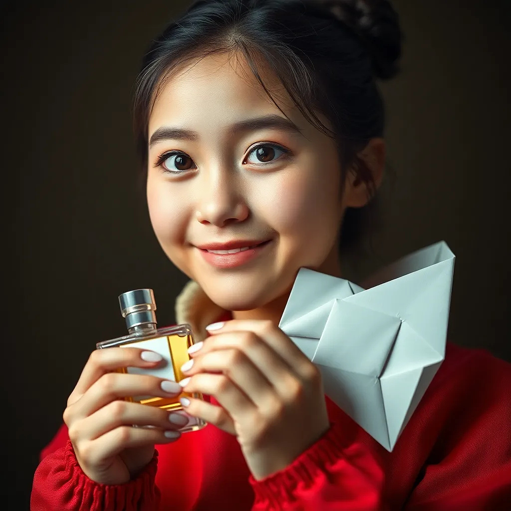 Little woman at the age of 21, happy with her new perfum, enjoying the scent of this magic perfum. origami