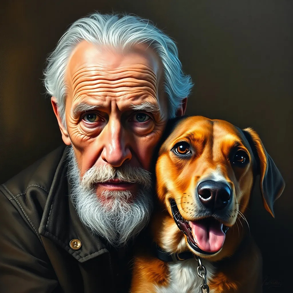 old man with his dog, oil painting