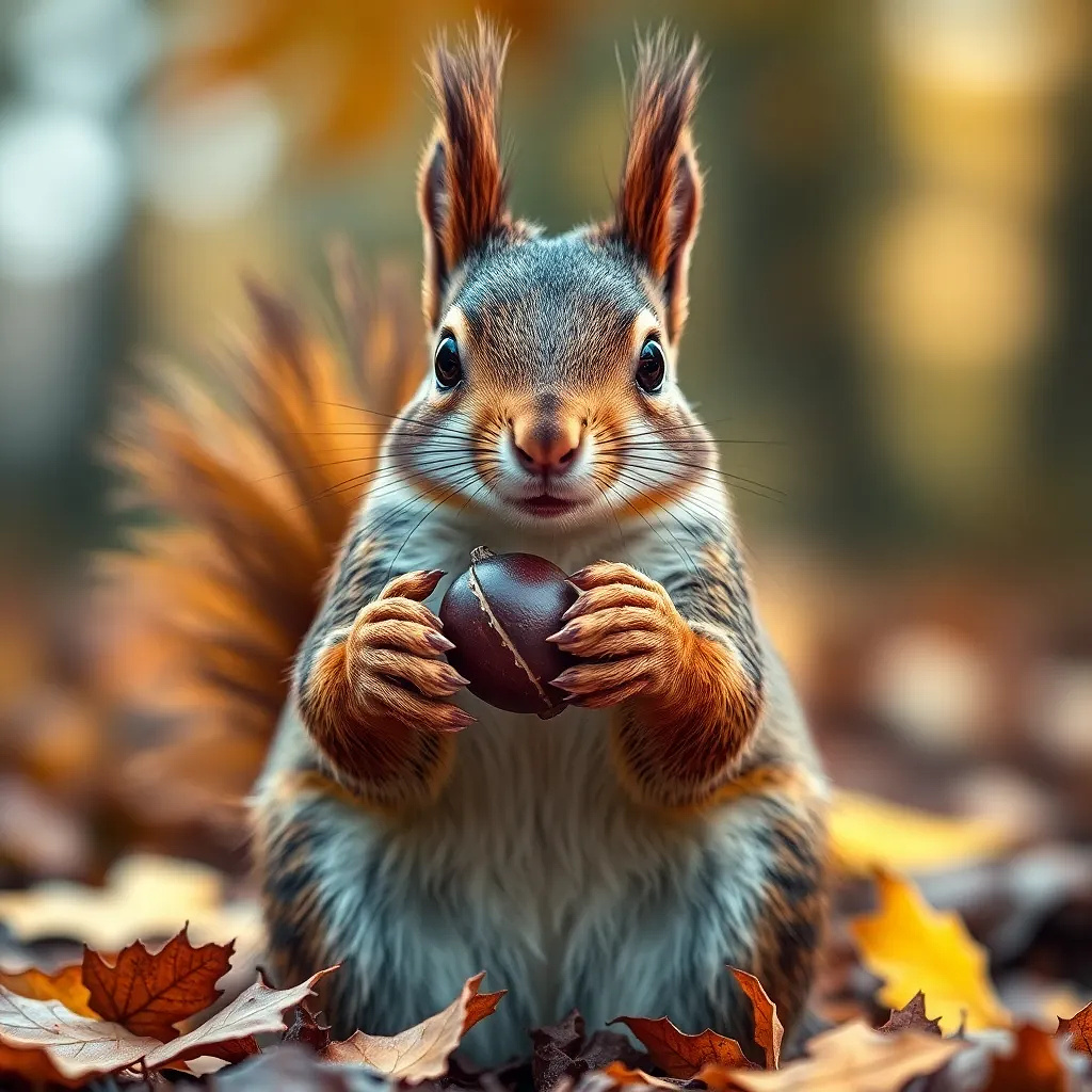 A curious squirrel holding an acorn, autumn leaves falling around it.