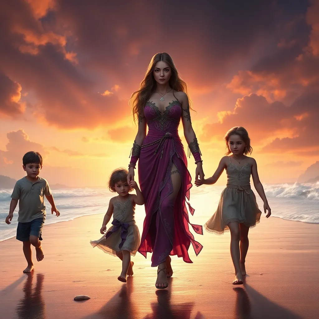 A glorious woman walking with her 2 children. she is hold their hand at the beach.
