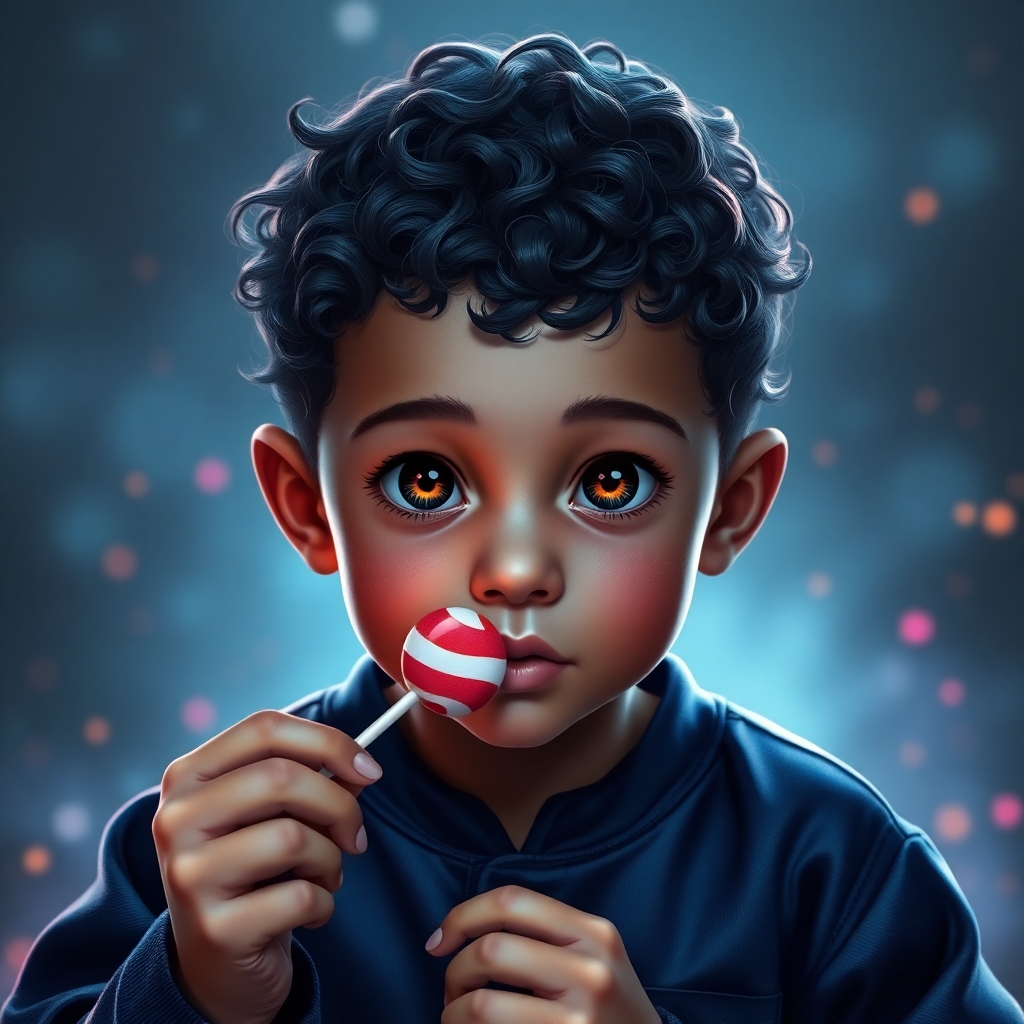 Boy with round face, 1 year old, light brown skin, short curly hair, brown eyes, wearing dark blue pajamas, holds a lollipop in his hand