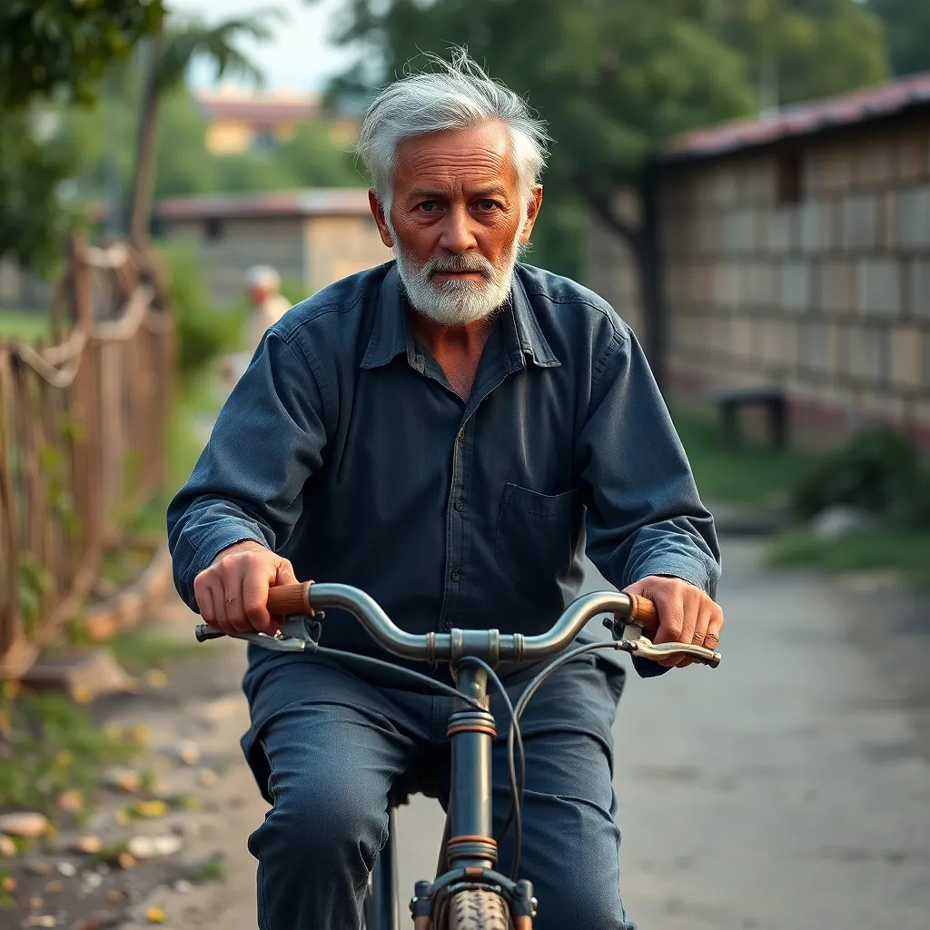 Old man riding ancient bicycle