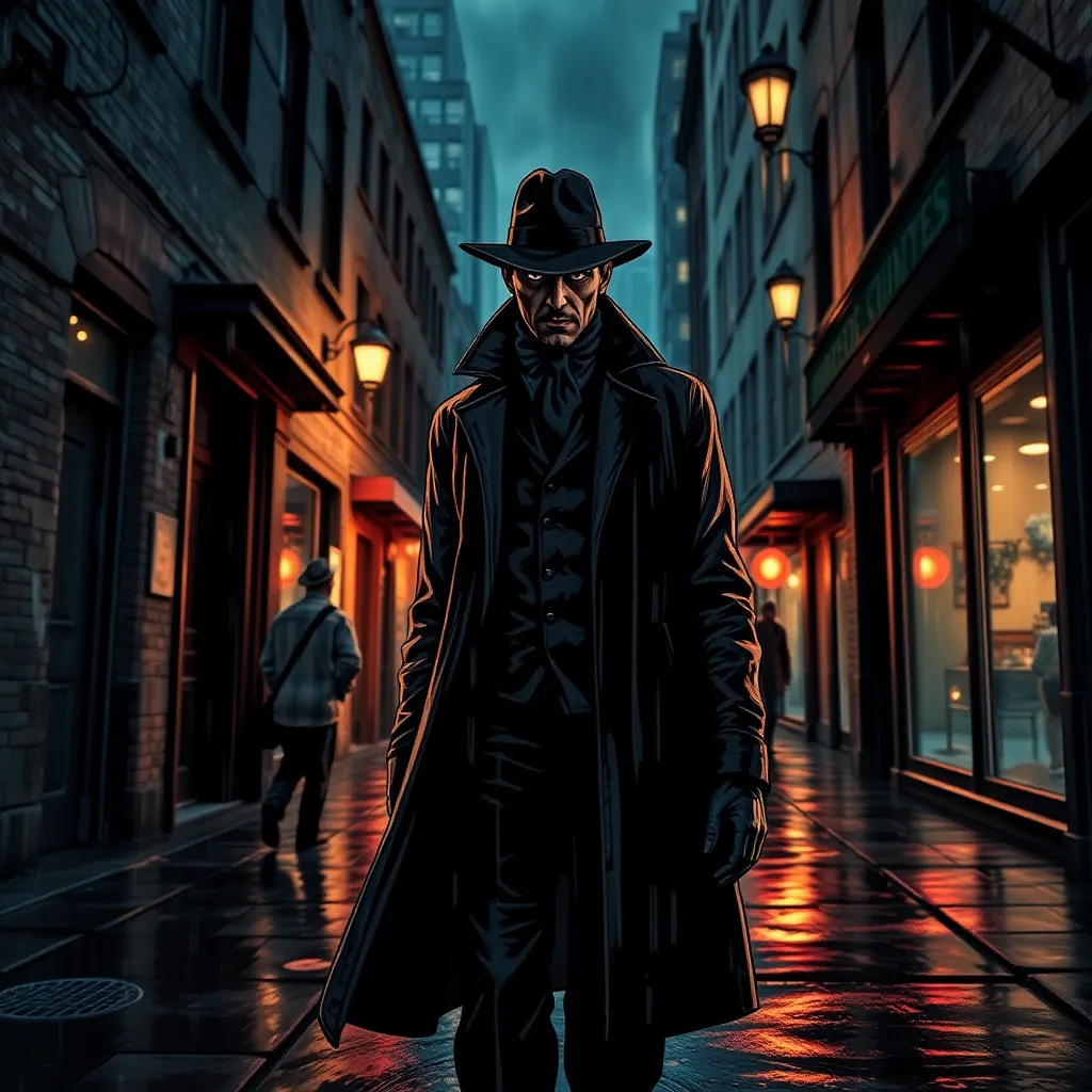 A mysterious detective walking down a rainy alley in 1940s noir city, moody cinematic lighting, reflections on wet pavement, shallow depth of field.