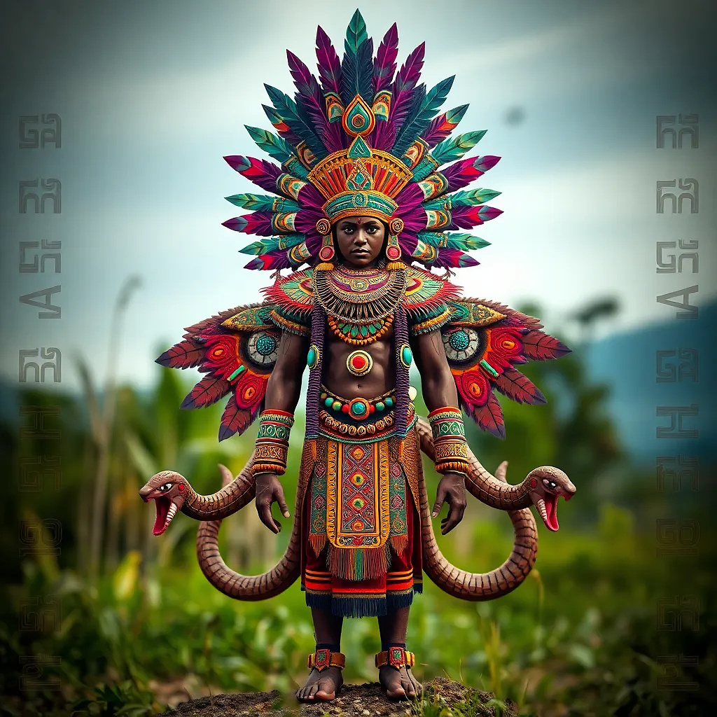 Create 10 Full HD images inspired by the uploaded Aztec/Mesoamerican-style artwork. Each image should follow the same visual model: a central stylized human figure with elaborate clothing, feathered headdress, jewelry, and geometric patterns, surrounded by mythological or serpent-like creatures. Use vivid colors (purple, green, red, blue) and symbolic glyphs in the background to maintain consistency with the original style.