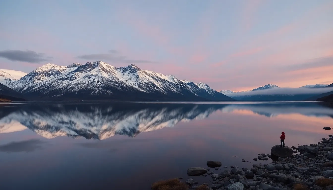 “Mirror-smooth fjord at blue hour, snow-capped mountains reflected perfectly, subtle pink alpenglow, medium-format clarity, photographic”