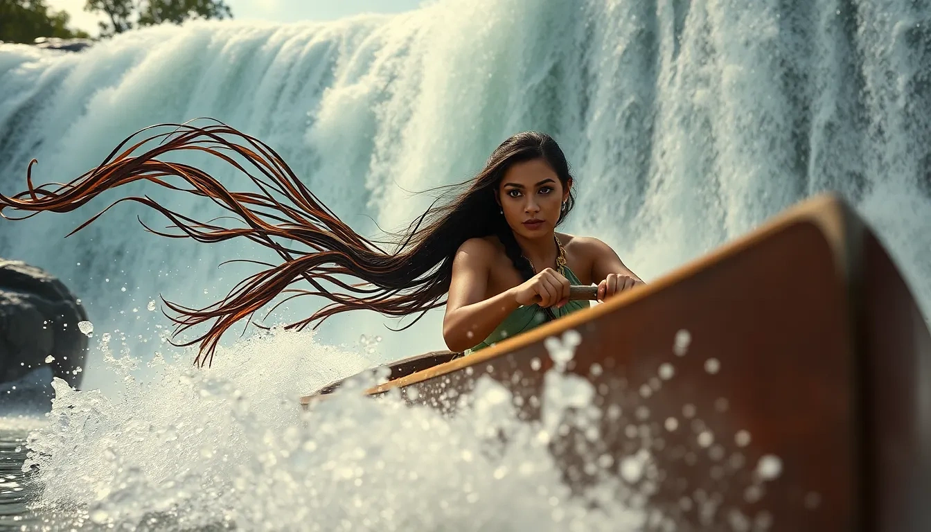 “Pocahontas racing a cascading waterfall in her canoe, wind ribbon streaming, splash detail, fearless exhilaration”