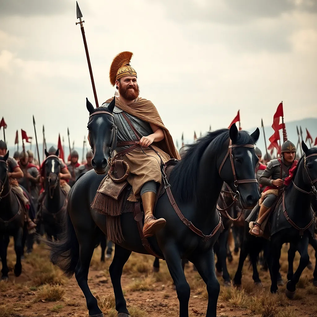 Alexander the Great is riding his black horse, going to war with his scaring army. Ulra-detailed.