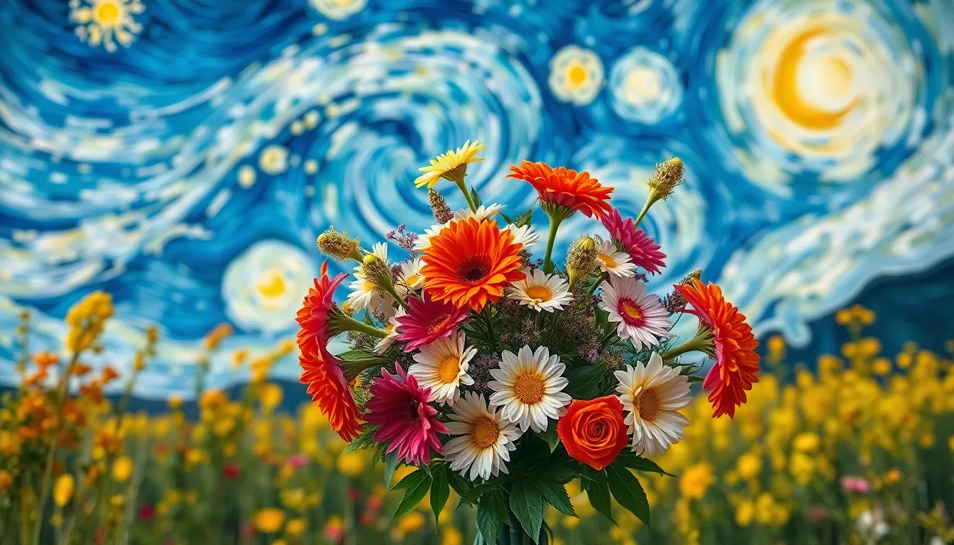 A bouquet of flowers in the style of Van Gogh’s 'Starry Night,' swirling skies and bold brushwork.