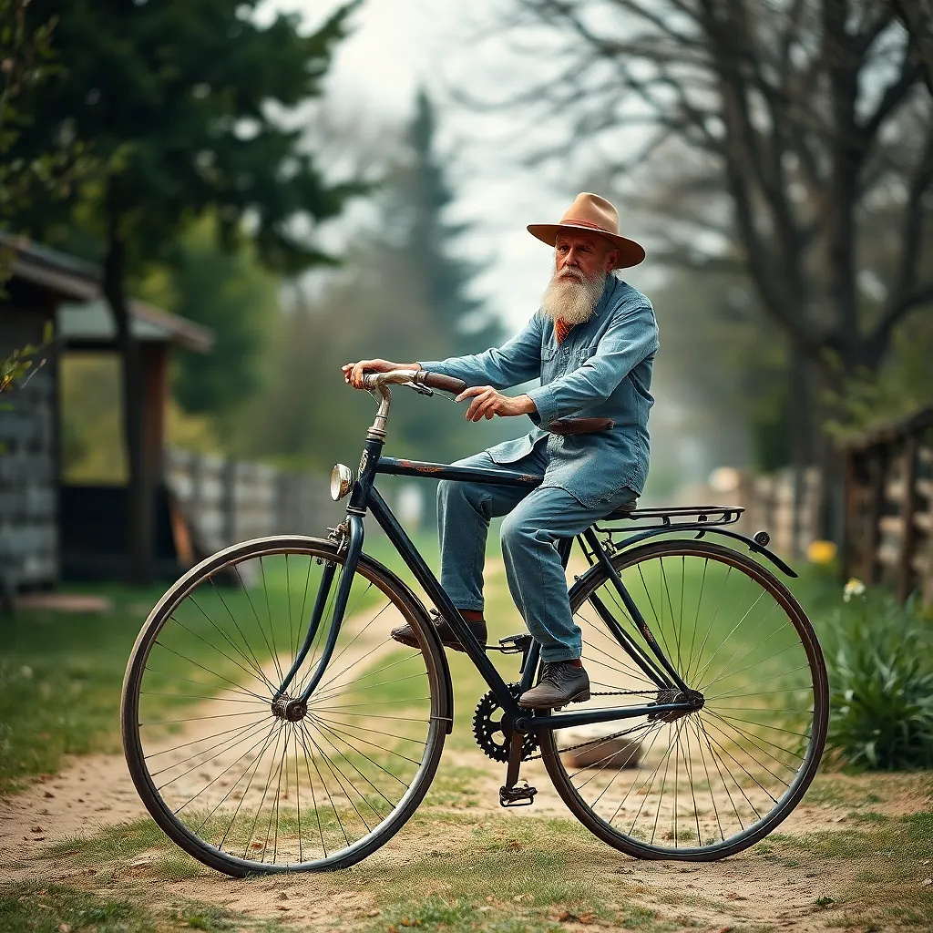 Old man riding ancient bicycle in the year 1875