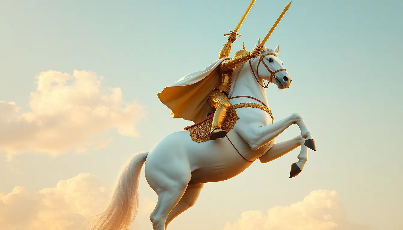 A knight in shining gold armor rides a magnificent white unicorn. The knight, positioned slightly to the right of center, is mid-stride, with a triumphant pose, holding a golden sword aloft.  His armor is detailed, showcasing intricate patterns and gleaming surfaces. He wears a flowing, off-white cape that billows behind him. The unicorn is a pure white, with a large horn on its forehead.  The horse is in a dynamic, rearing pose, with all four legs off the ground. The background features a pale blue sky dotted with soft, fluffy white clouds.  Warm, golden light bathes the scene, creating a dramatic and heroic atmosphere. The image has a stylized, somewhat romanticized aesthetic, evoking a sense of fantasy and adventure. The perspective is slightly from below, emphasizing the height and grandeur of the scene.  The composition is balanced, focusing attention on the knight and unicorn in the foreground against the sky.