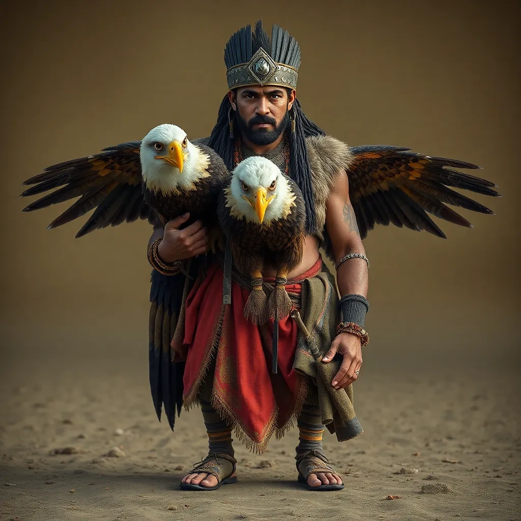 Ancient warrior with his eagle, full view,  full background, feet in the image