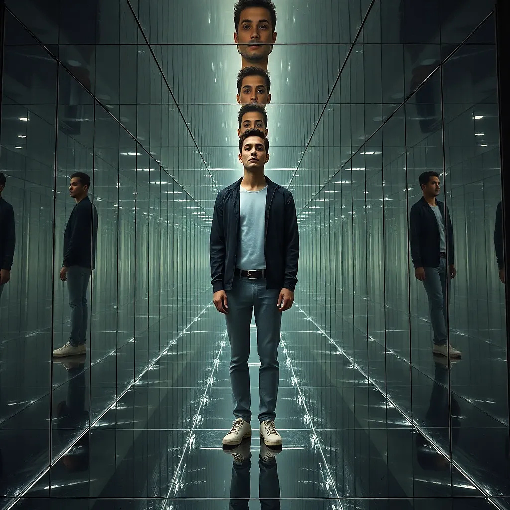 A labyrinth of mirrors floating in zero gravity, reflecting infinite versions of yourself—each from a parallel universe.
