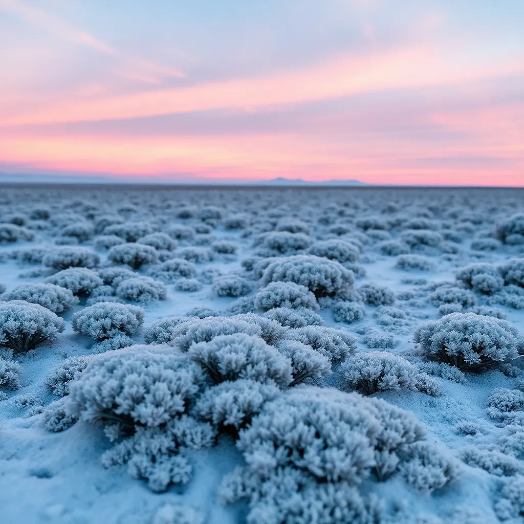 “Arctic tundra during polar twilight, pastel pink sky over frost-covered lichens and dwarf shrubs, macro 100 mm capturing crystalline detail, photographic”