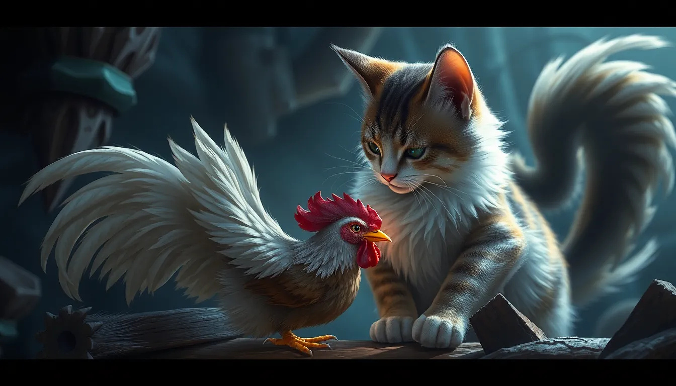 beautiful cat playing with a chiken